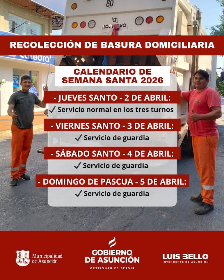 Horario de recolecció de residuos también será diferenciado durante la Semana Santa.