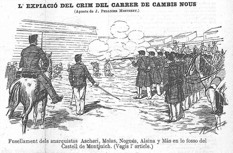 Fusilamiento de los anarquistas Ascheri, Molas, Nogués, Alsina y Más en el foso del Castillo de Montjuich, luego de los procesos por el atentado de la calle Cambis Nous. Ilustración de Joan Pellicer Montseny para el semanario "La Campana de Gracia", 8 de mayo de 1897.