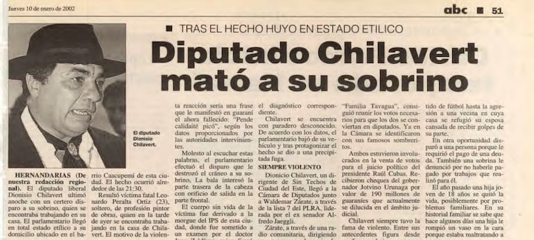 Crónica del asesinato cometido por el entonces diputado Dionisio Chilavert (PLRA).