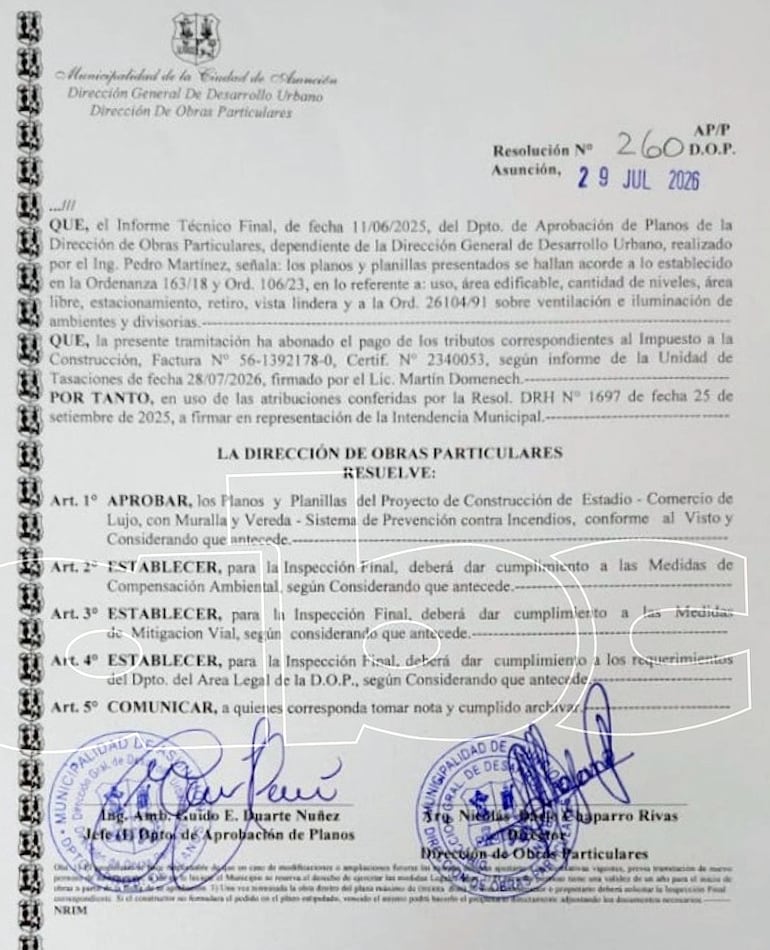 Nota de aprobación de los planos del futuro estadio mundialista de Olimpia.