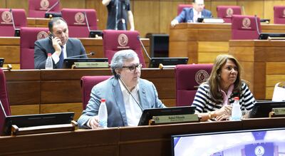 El senador Lider Amarilla (PLRA), el senador Rafael Filizzola (PDP) y Celeste Amarilla (PLRA), esta mañana en la sala de sesiones del Senado.
