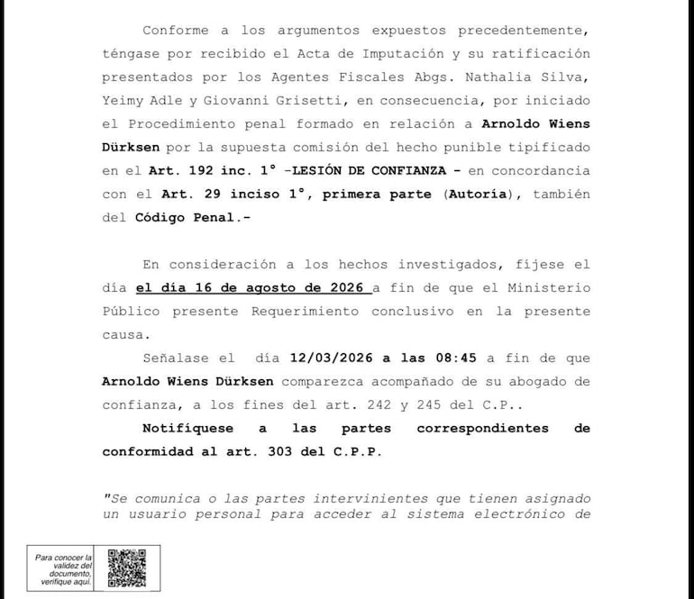 Documento escrito sobre acta de imputación que menciona a Arnoldo Wiens Dürksen, con texto formal y referencias legales.