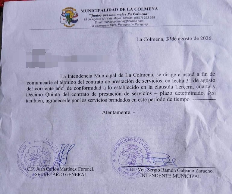 Los cinco funcionarios recibieron la notificación de terminación de sus contratos con la Municipalidad de La Colmena.