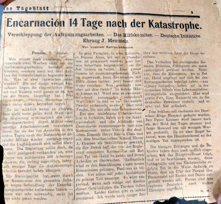 Artículo antiguo en alemán sobre el tornado de 1926 en Encarnación, discutiendo los trabajos de rescate y la ayuda recibida.