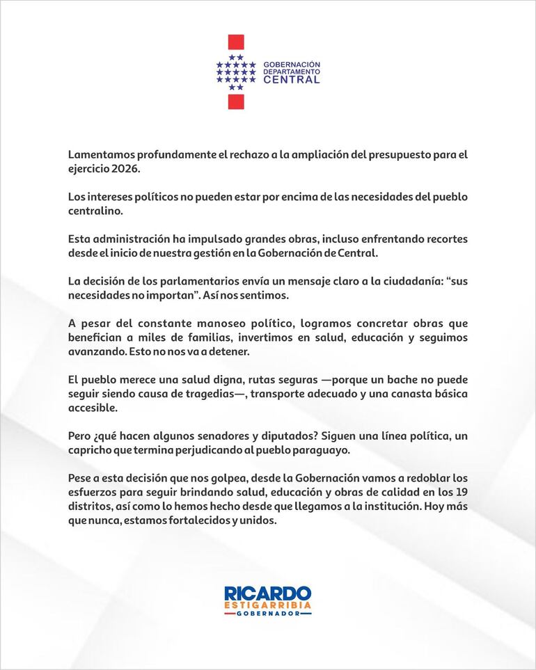 Gobernador de Central lamenta rechazo a ampliación presupuestaria 2026