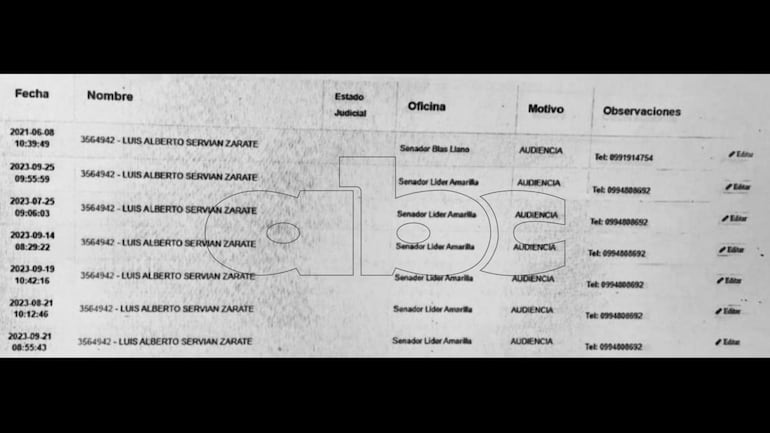 Registros informáticos del Congreso Nacional sobre las visitas de Luis Servián Zárate al senador Líder Amarilla.