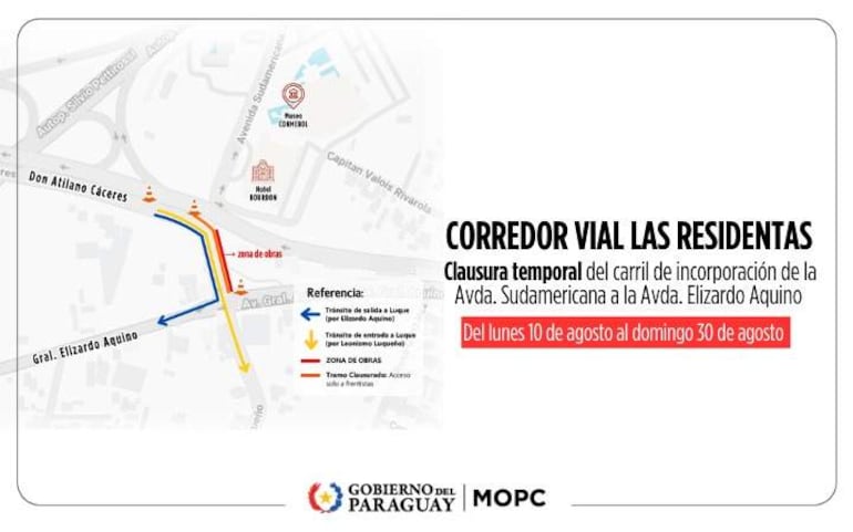 Mapa informativo de cierre vial con rutas y fechas, destacando obras en la Avda. Sudamericana y Avda. Elizardo Aquino.