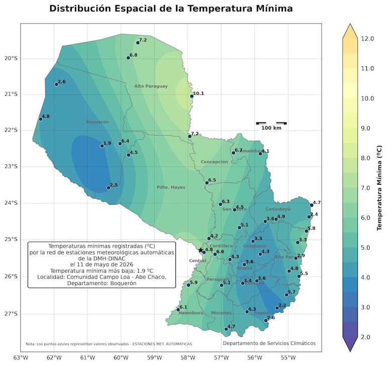 Un mapa técnico ilustrando la temperatura mínima en Paraguay, sin personas visibles y colores que representan distintas temperaturas.