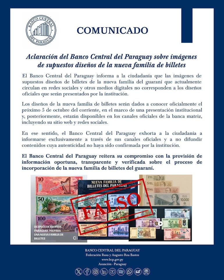 Aclaración del Banco Central del Paraguay sobre imágenes de supuestos diseños de la nueva familia de billetes