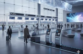 Imagen generada con IA que ilustra un aeropuerto digitalizado.