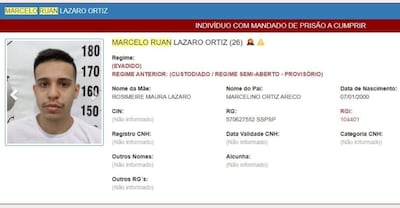 Ficha de identificación de Marcelo Ruan Lázaro Ortiz, con datos sobre su arresto y antecedentes.
