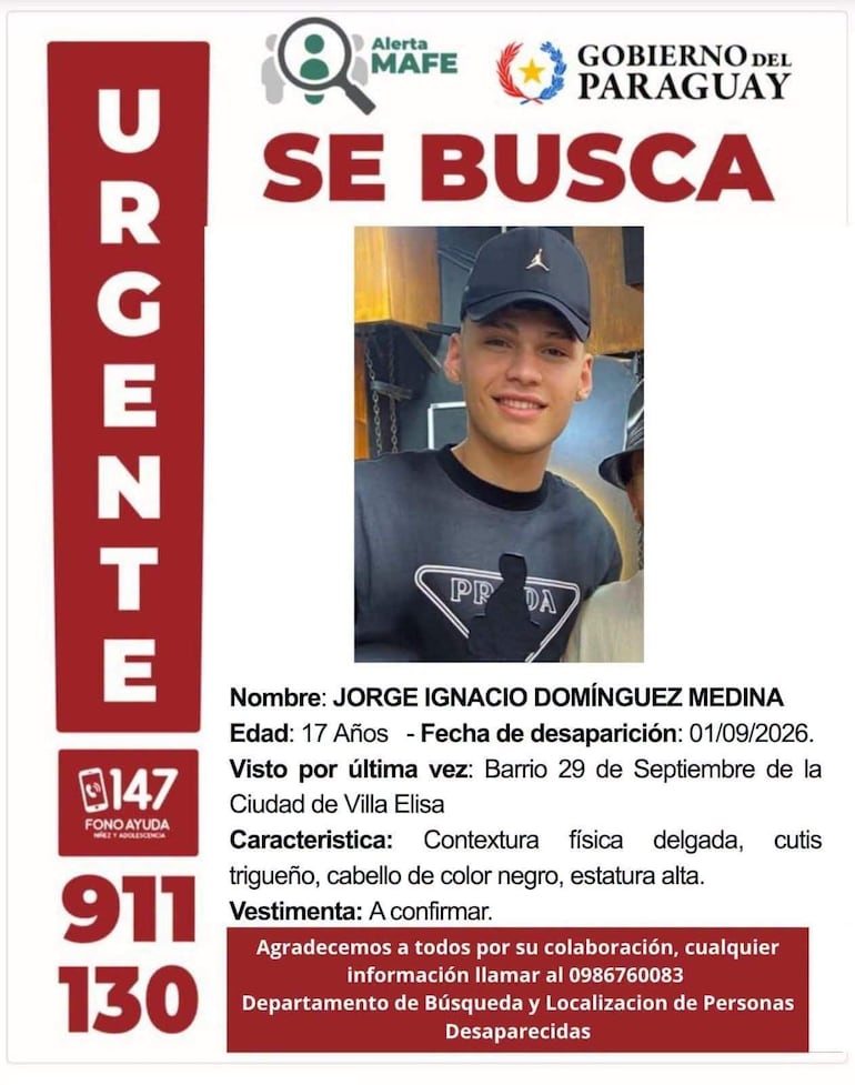 Cartel de búsqueda con foto de Jorge Ignacio Domínguez Medina, 17 años, características físicas y detalles de la desaparición.
