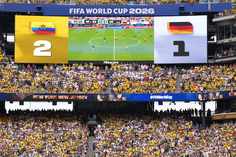 Fotografía que muestra el marcador final este jueves, de un partido del grupo E del Mundial de la FIFA 2026 entre Ecuador y Alemania en el estadio MetLife de Nueva Jersey (Estados Unidos). 