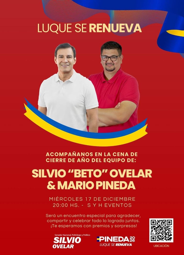 Silvio Ovelar sonríe con camiseta roja y gafas, junto a Mario Pineda con camiseta blanca, ambos en un fondo rojo del anuncio del evento.