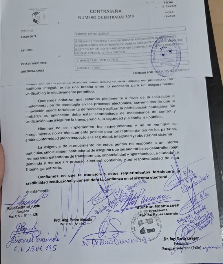 Nota de partidos opositores al TSJE sobre riesgos técnicos de las Máquinas de votación.