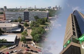 Edificios de varios pisos con diseño antiguo y moderno, rodeados de estacionamiento y áreas verdes, sin personas presentes.