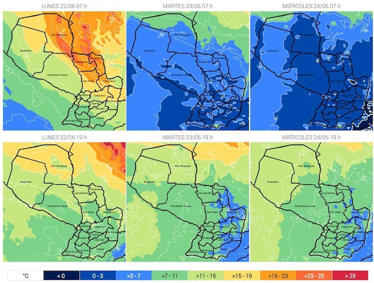 Mapas meteorológicos con proyecciones de temperatura para Paraguay, mostrando variaciones de color y fechas específicas.