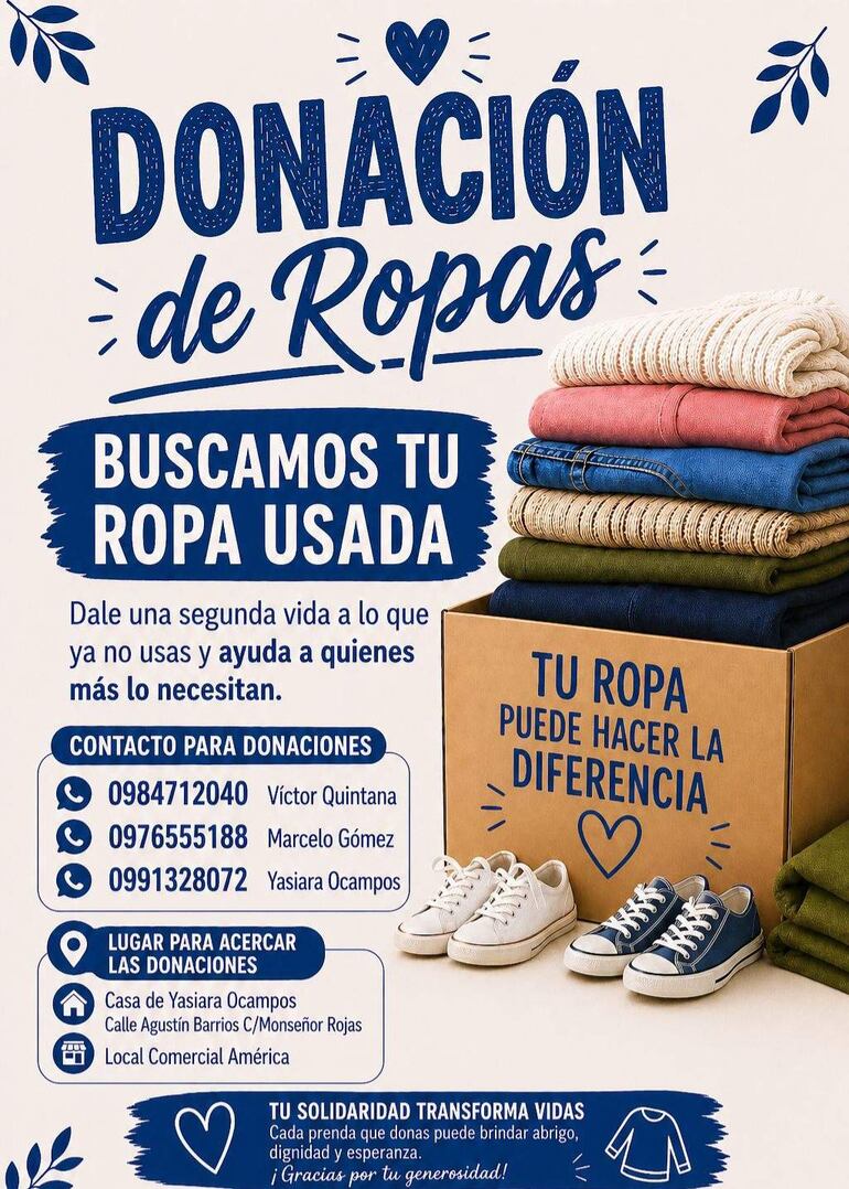 Cartel publicitario con prendas apiladas y zapatos, promoviendo donaciones de ropa usada para quienes lo necesitan.