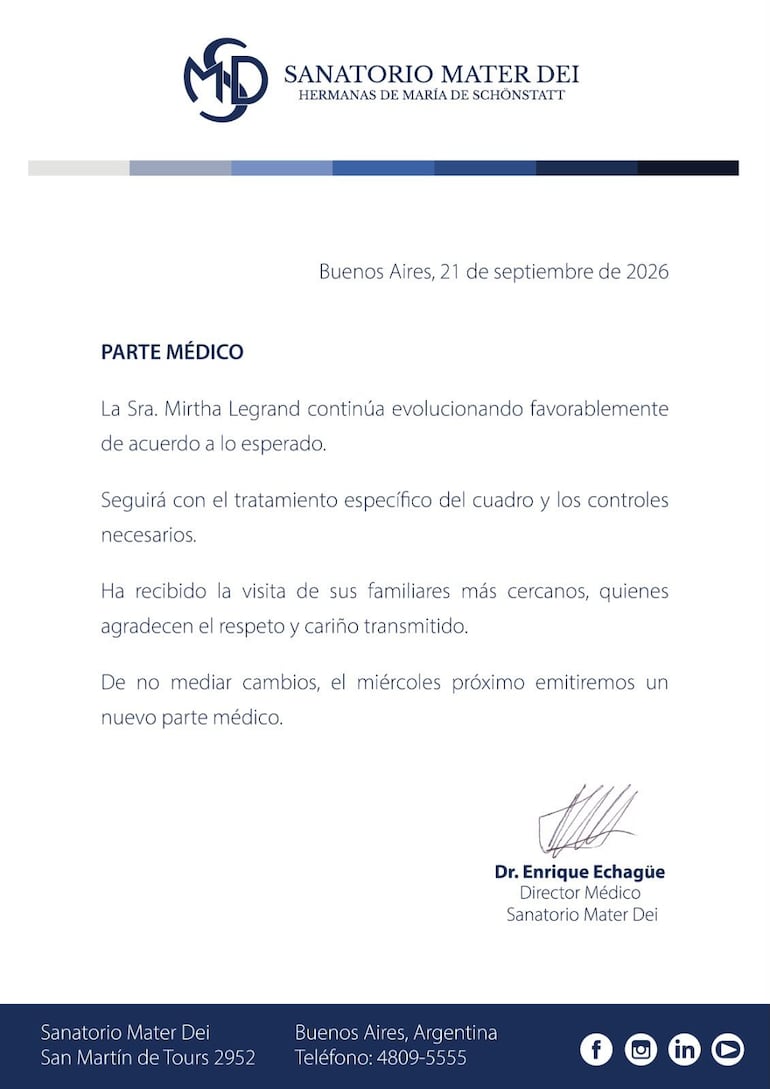 Parte médico del Sanatorio Mater Dei donde está internada Mirtha Legrand.