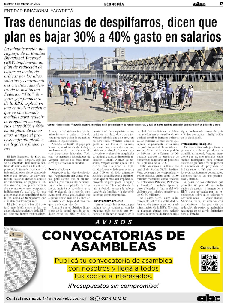 Artículo del diario ABC Color sobre la reducción de gastos en Yacyretá, sin imágenes de personas presentes.