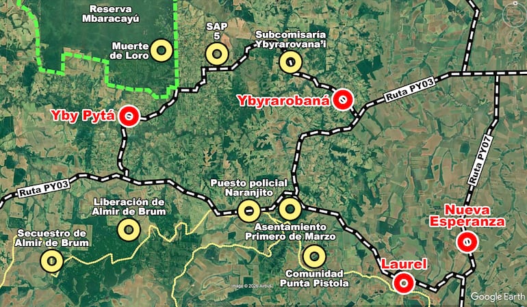 Mapa del departamento de Canindeyú con las referencias sobre el último ataque del EPP.