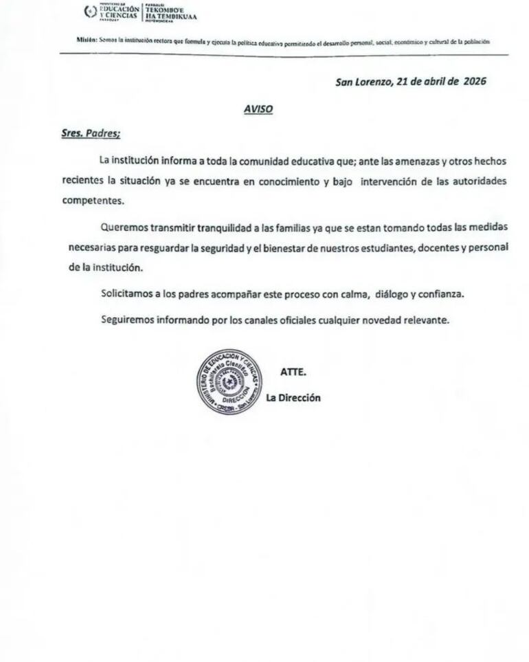 Desde la Dirección General emitieron un comunicado donde informaron sobre medidas adoptadas.