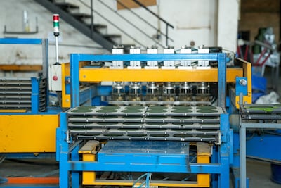 Interior de fábrica con máquina metálica azul y amarilla, sin personas presentes y piezas en proceso sobre la mesa.