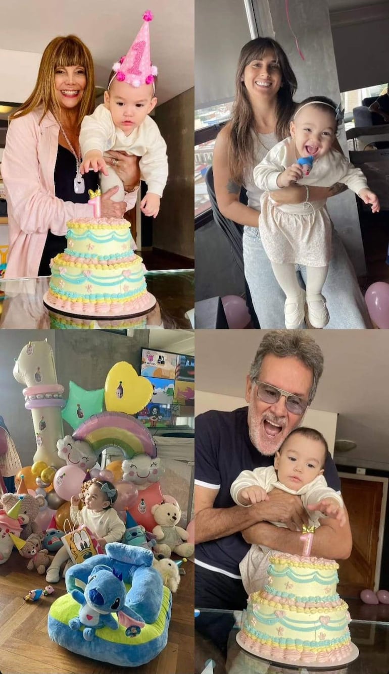 Pelusa Rubin sonríe sosteniendo a un bebé con torta colorida, mientras Emilio García interactúa alegremente en un ambiente festivo.