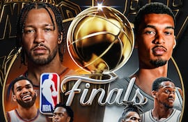 Postal de las Finales de la NBA 2025-2026 entre New York Knicks y San Antonio Spurs.