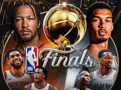 Postal de las Finales de la NBA 2025-2026 entre New York Knicks y San Antonio Spurs.