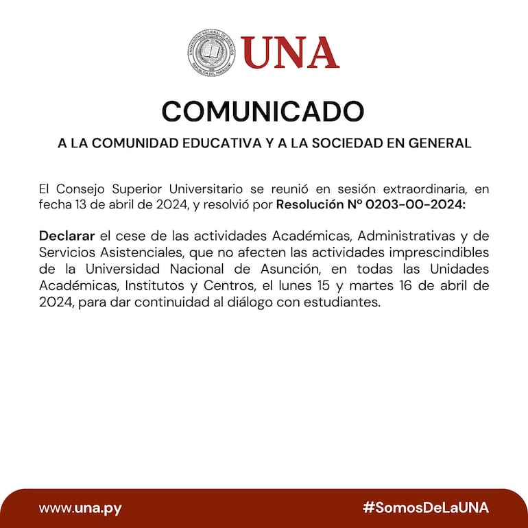 El último comunicado del Consejo Superior Universitario (CSU) de la UNA.