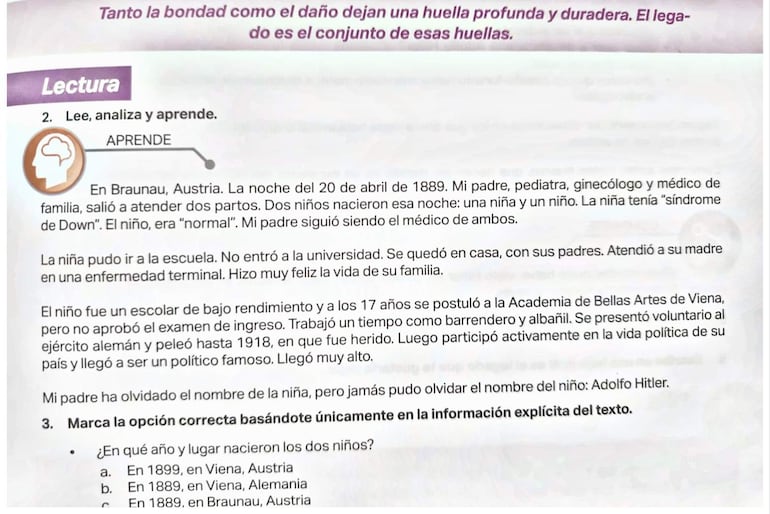 Texto en documento que discute el nacimiento de niños en 1889, centrando en la vida de Adolf Hitler.