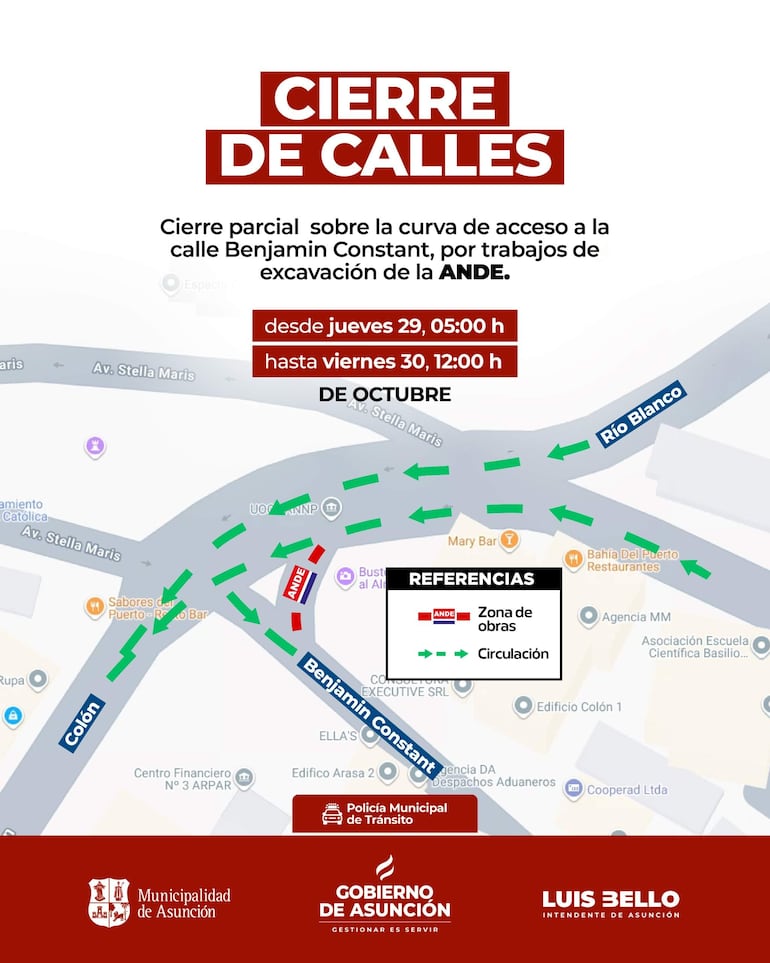 Anuncio de cierre de calles con mapa sobre la curva de acceso a Benjamin Constant, destacando colores rojo y azul.