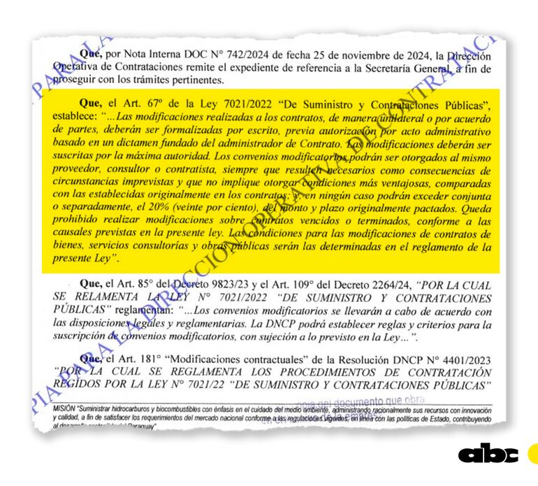 En sus resoluciones anteriores, que ampliaron los plazos a firma catarí, Petropar citó el artículo de la ley que ahora estaría violando.