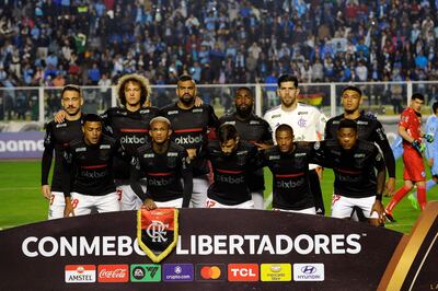Players of Flamengo pose for a picture before the beginning of the Copa Libertadores group stage first leg football match between Bolivia's Bolivar and Brazil's Flamengo at the Hernando Siles Stadium in La Paz on April 24, 2024. (Photo by Jorge Bernal / AFP)