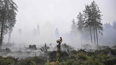 TOPSHOT - A firefighter gestures to another as smoke emanates from burnt vegetation during operations against a wildfire at the Hautes Fagnes (High Fens) nature reserve near Baelen, on August 18, 2026. Rain started falling in Belgium on August 17, 2026 to help its fight against the country's biggest modern-day wildfire that has devastated some 3,000 hectares (7,500 acres) of the High Fens park on the border with Germany. Some 500 firefighters and troops are battling the blaze that has sent a huge cloud of black smoke across the region into neighbouring Germany and France. Scientists have long warned that climate change caused by human use of fossil fuels will make periods of drought more intense and longer-lasting, creating the ideal conditions for wildfires. (Photo by JOHN THYS / AFP)