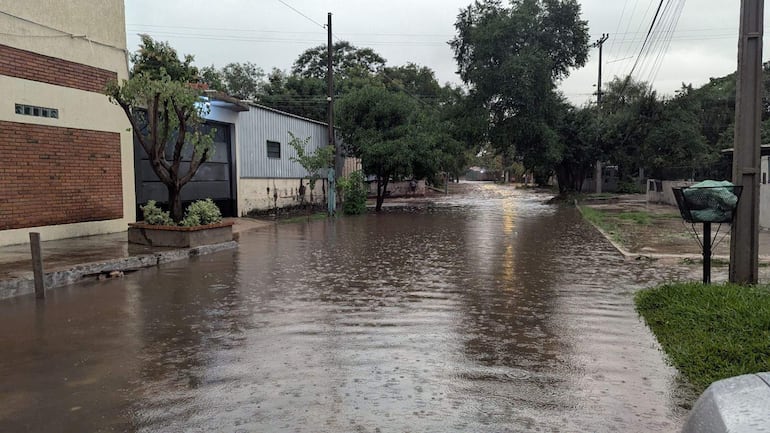 Escena de una calle inundada, con edificaciones y vegetación, sin personas presentes.