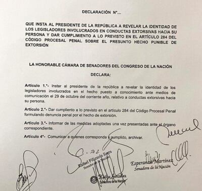 Proyecto de resolución de senadores opositores sobre la revelación de Santiago Peña.