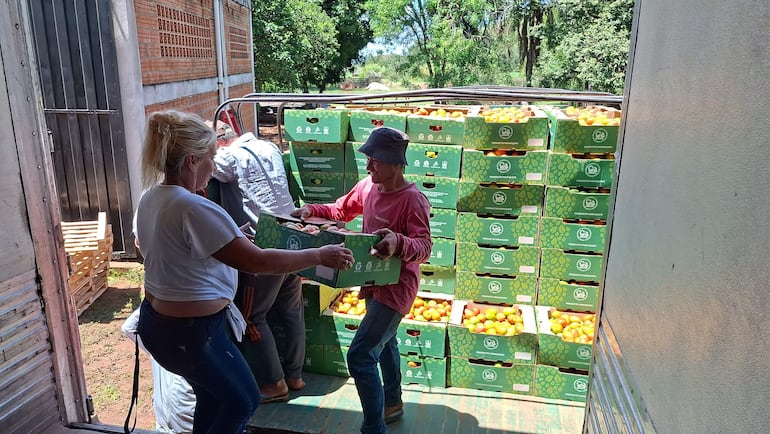 Mujer rubia con camiseta blanca entrega cajas de tomate a hombre con sombrero en vehículo de carga, en un ambiente rural.