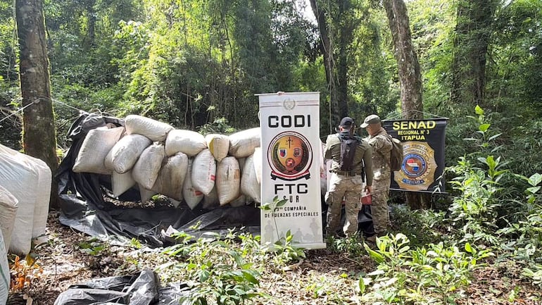 Tres personas de uniforme militar observan un gran montón de sacos en un entorno forestal durante un operativo de incautación.