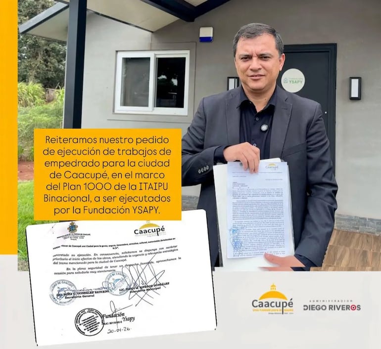 El intendente de Caacupé, Diego Riveros, se trasladó el martes 21 de abril hasta el distrito de Naranjal, donde funciona la fundación, para reiterar formalmente el pedido de ejecución del tramo correspondiente a Caacupé.