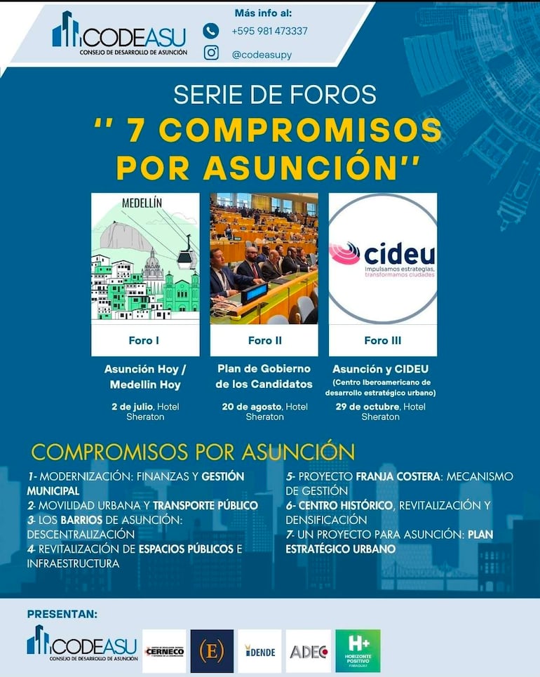 Cartel informativo sobre foros con ilustraciones de Medellín y logos de CODEASU en un entorno digital.