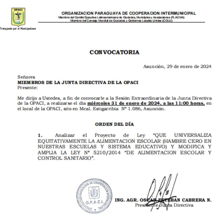 Convocatoria a sesión extraordinaria de Opaci, para tratar proyecto sobre alimentación escolar.