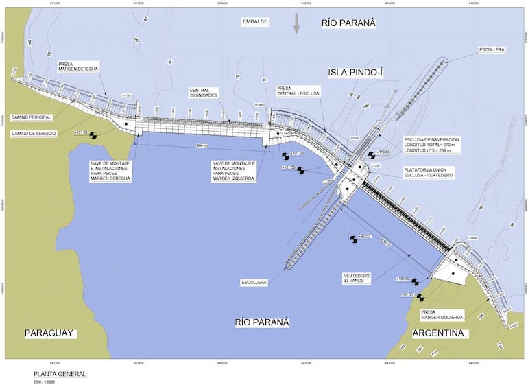 Plano general del proyecto de la Central Hidroeléctrica Binacional Corpus sobre el río Paraná, con detalles de la presa y el embalse.