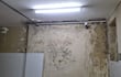 Espacio interior del hospital con paredes deterioradas, manchas de humedad y moho, iluminado por un tubo fluorescente.