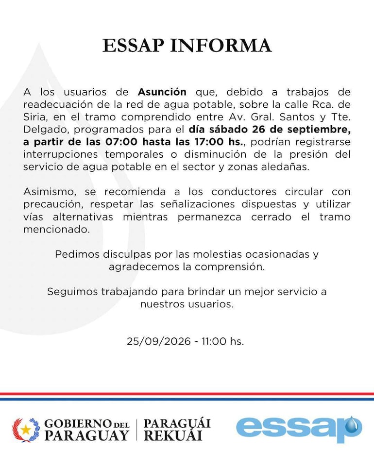 Comunicado de la ESSAP sobre interrupción de agua en Asunción.