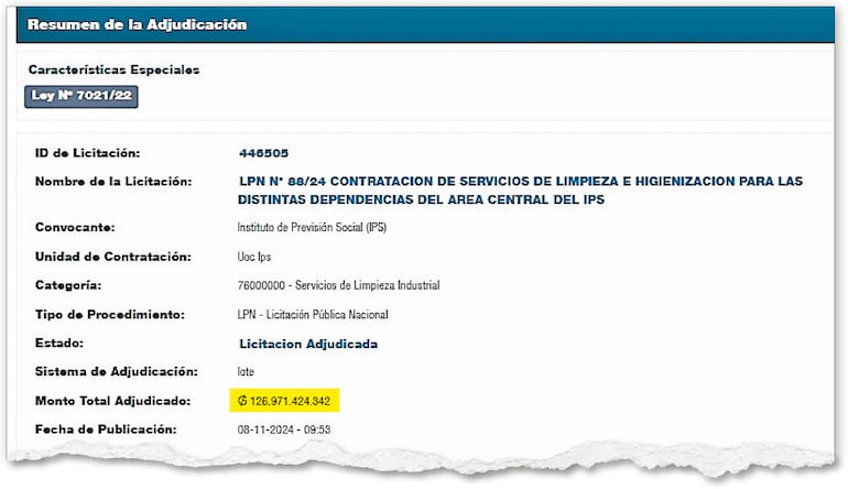 Captura de la adjudicación por G. 126.971 millones, unos US$ 19,5 millones a la cotización actual.