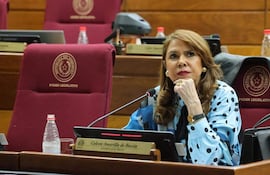 Senadora Celeste Amarilla, con cabello largo y vestido de puntos, escucha atentamente en un recinto legislativo.