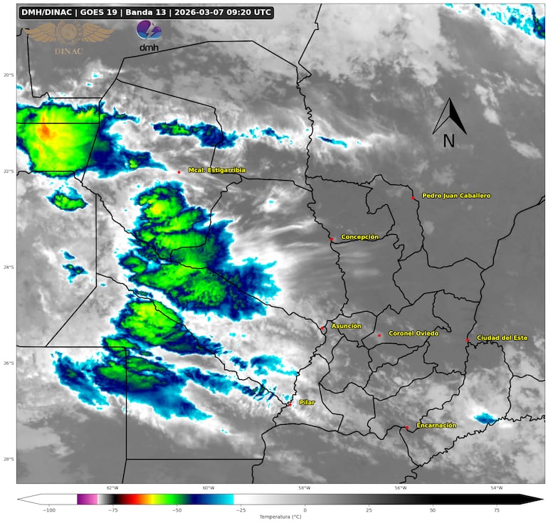 Imagen satelital que muestra núcleos de tormentas extendiéndose sobre parte del Chaco paraguayo.