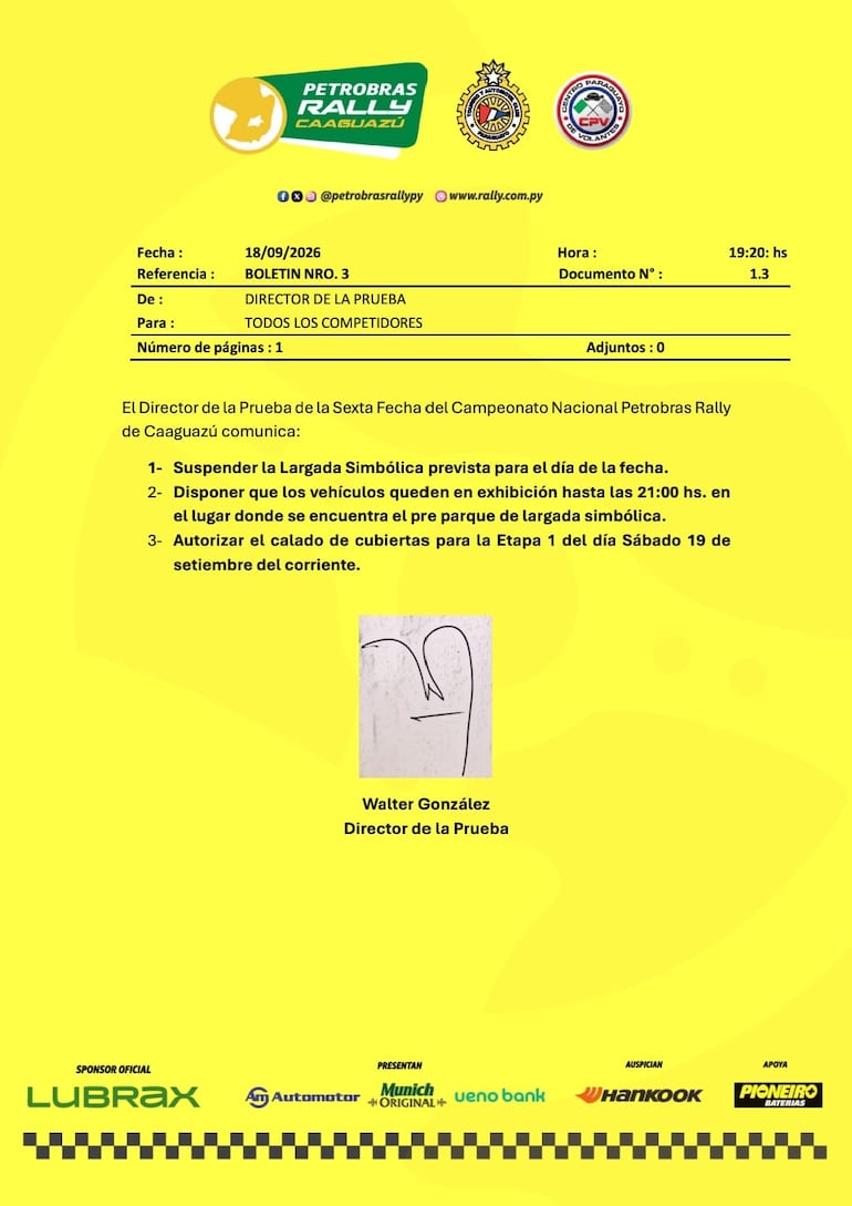 Boletín No. 3, emanado de la organización del Rally de Caaguazú 2026.